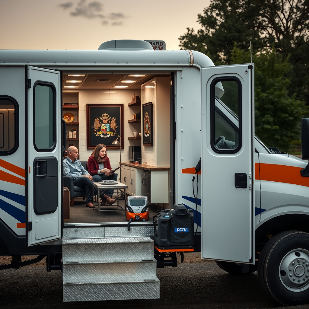 Mobile mental health unit vehicle parked in rural community with licensed therapist providing confidential counseling session to veteran in comfortable private consultation area