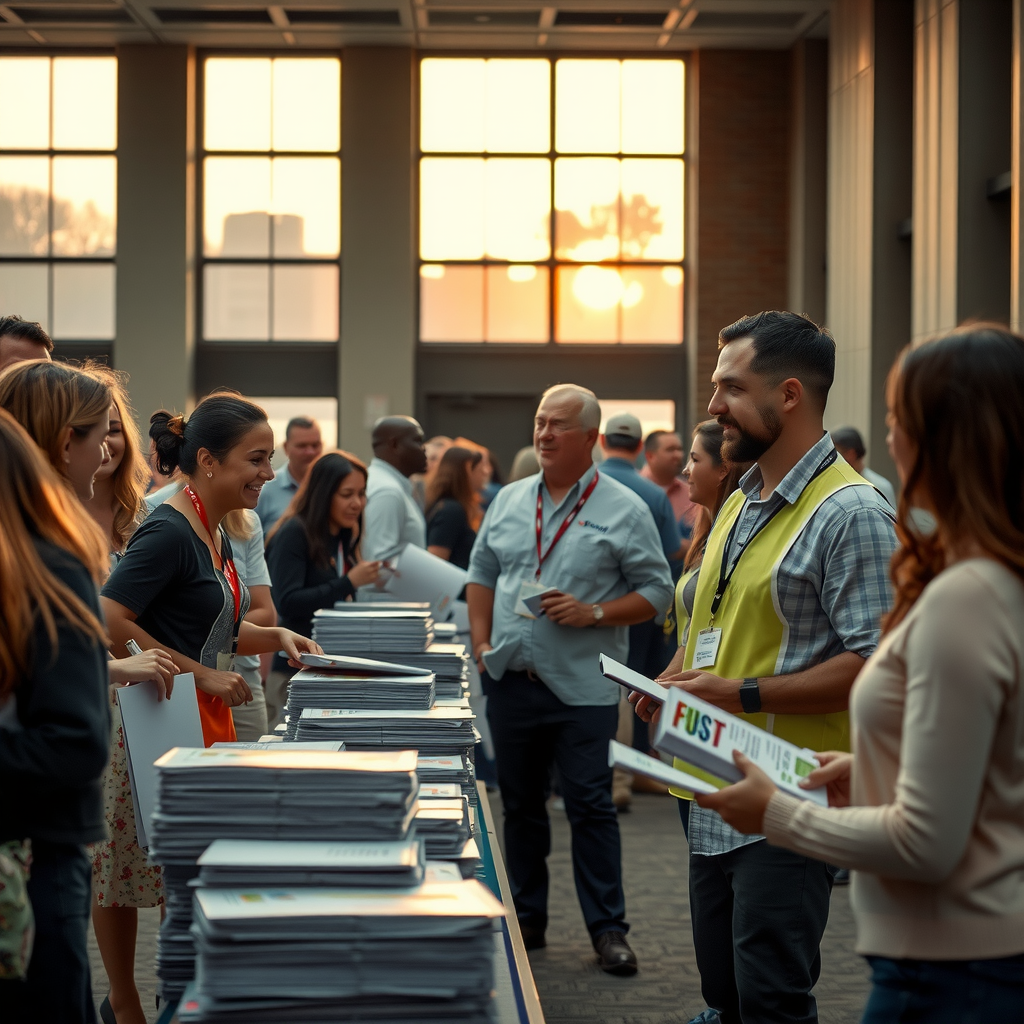 End of day scene showing volunteers and organizers cleaning up, some still talking with last few attendees, satisfied expressions, stacks of distributed materials visible, sunset light coming through venue windows