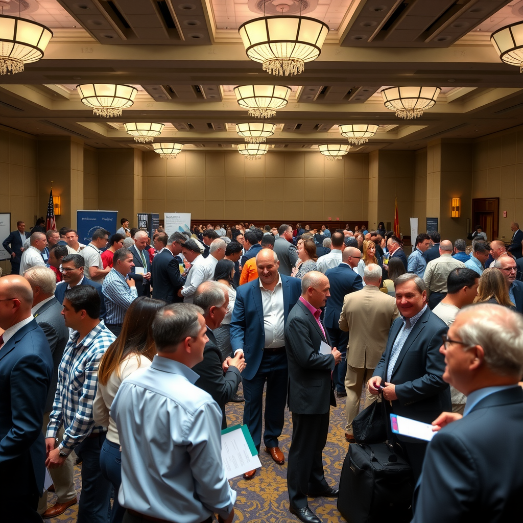 Large group of veterans and employers at networking event in conference hall, people in business attire shaking hands and exchanging business cards, professional banners and displays visible, energetic atmosphere