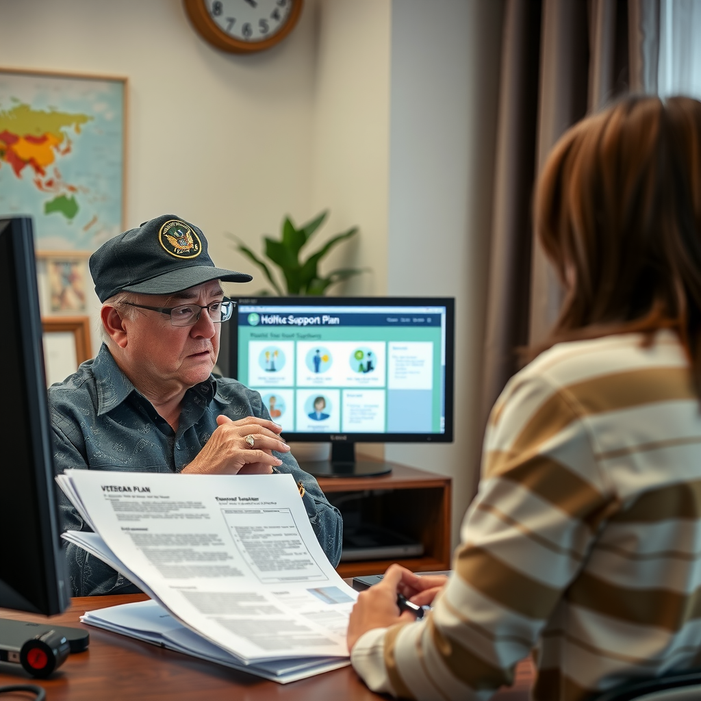 Veteran meeting with case manager reviewing comprehensive support plan, with visible resource materials, computer showing service connections, and supportive, professional environment demonstrating holistic assistance approach