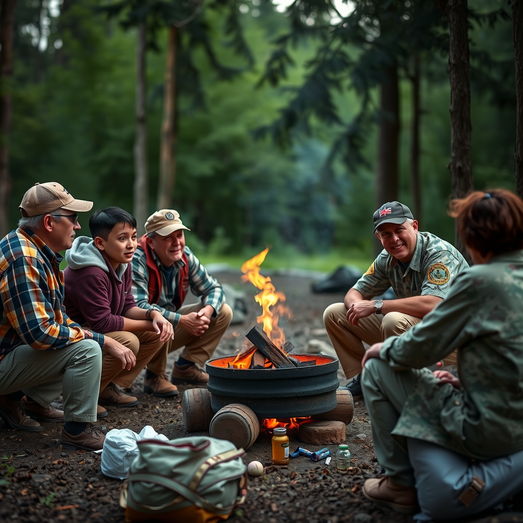 Veteran families gathered around campfire during outdoor camping trip in natural setting
