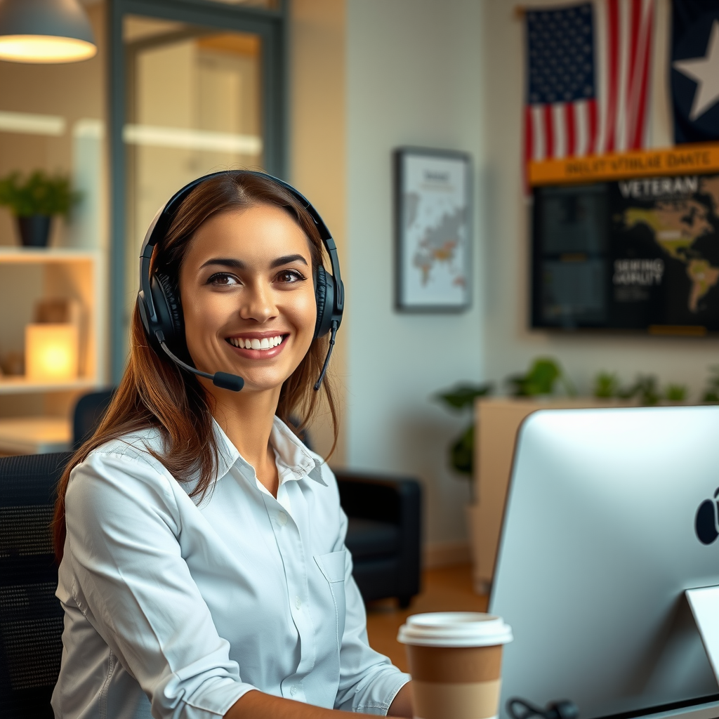Professional customer service representative with headset in modern office, helping veterans, warm and welcoming environment with military-themed decor